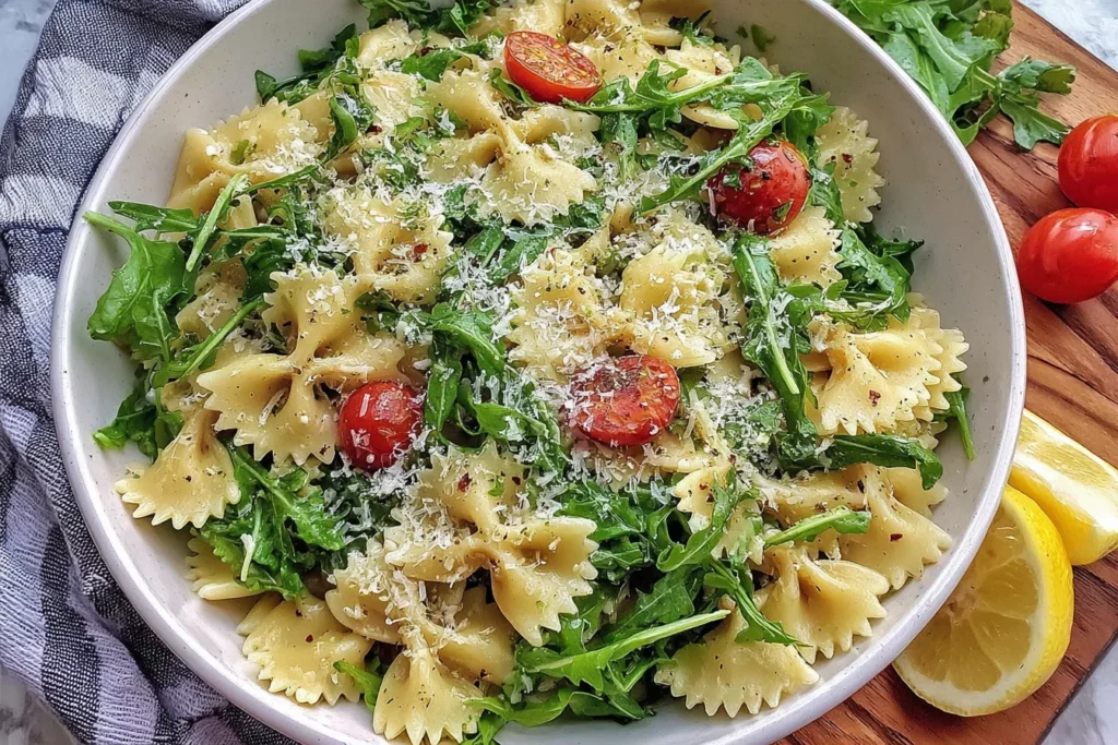 Close-up of Lemon Arugula Pasta Salad with grated Parmesan and cracked pepper