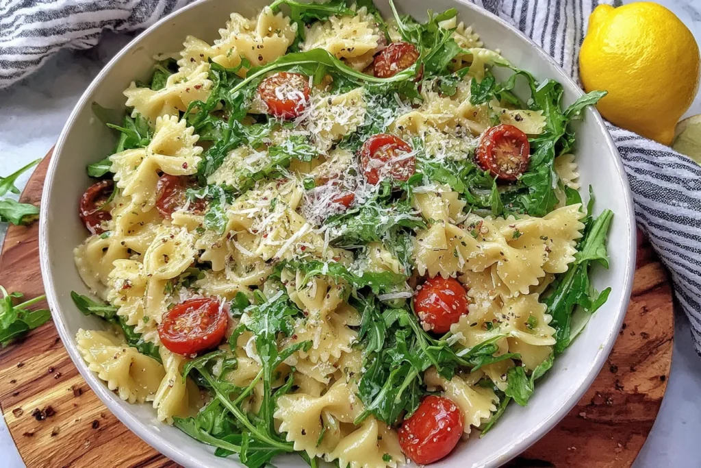 Lemon Arugula Pasta Salad served with fresh lemon and herbs on a wooden board
