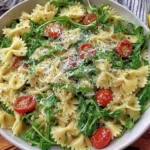 Lemon Arugula Pasta Salad served with fresh lemon and herbs on a wooden board
