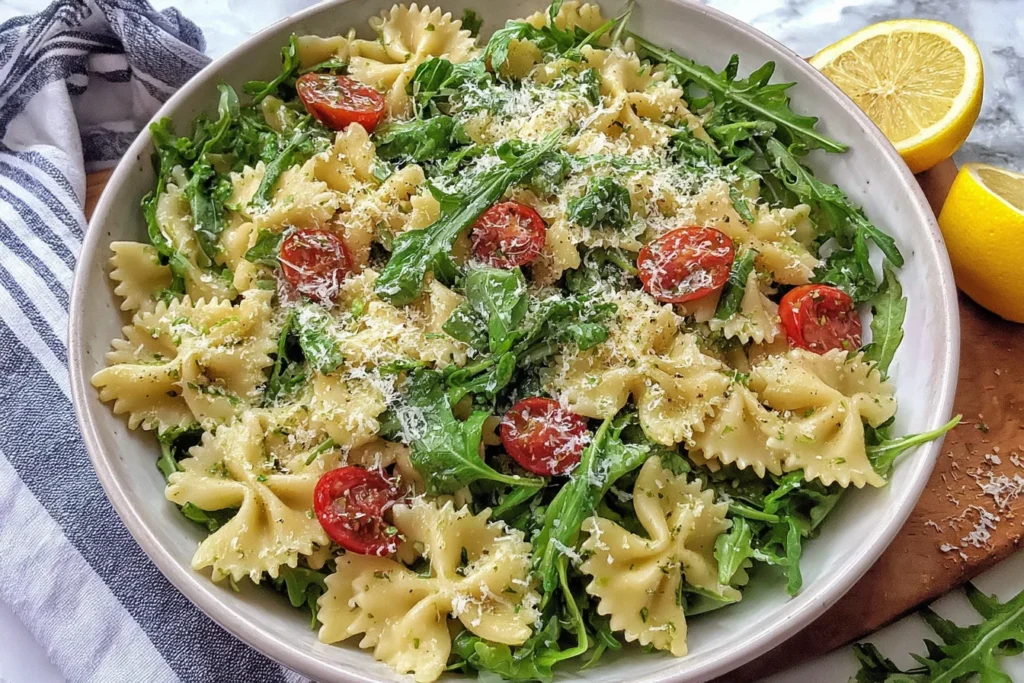 Lemon Arugula Pasta Salad with bowtie pasta, cherry tomatoes, and Parmesan cheese