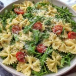 Lemon Arugula Pasta Salad with bowtie pasta, cherry tomatoes, and Parmesan cheese