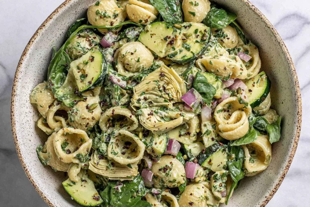 Lemon Basil Pasta Salad with zucchini, artichokes, and creamy dressing