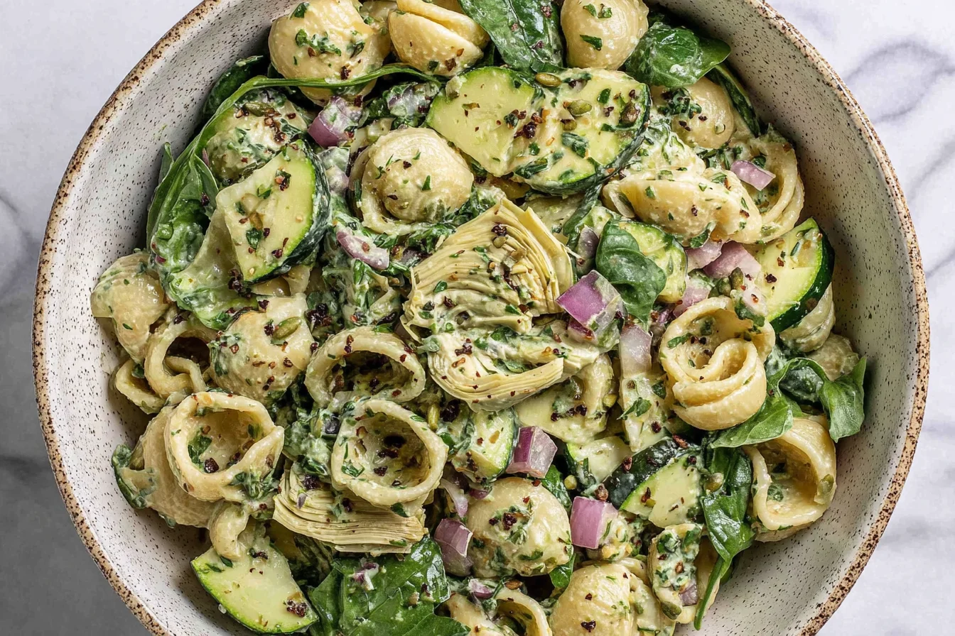 Lemon Basil Pasta Salad with zucchini, artichokes, and creamy dressing