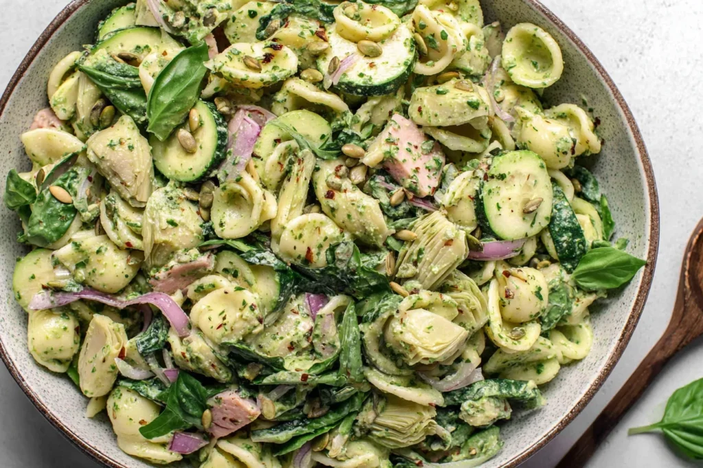 Lemon Basil Pasta Salad served with spinach, basil, and roasted zucchini