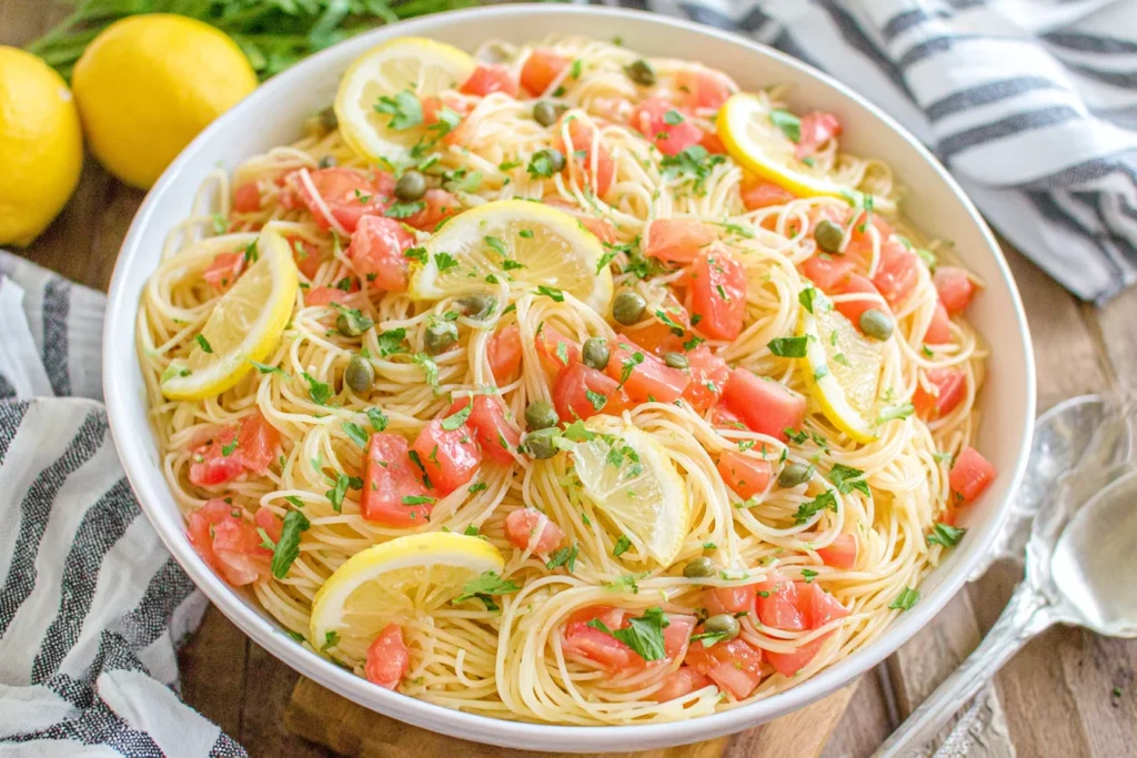 Lemon Capellini Salad with fresh tomatoes parsley and lemon slices