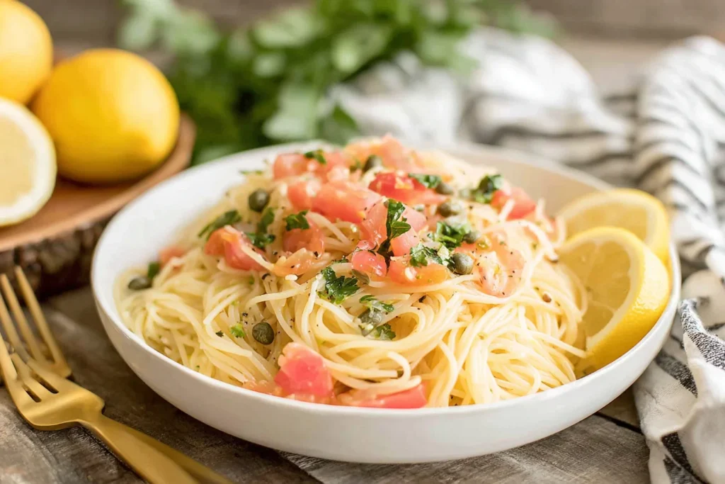 Light Lemon Capellini Salad plated with lemon slices and fresh herbs
