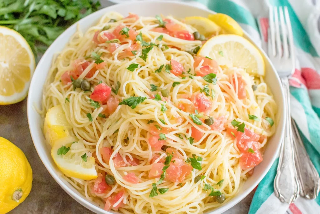 Lemon Capellini Salad with tomatoes capers and fresh parsley in a bowl