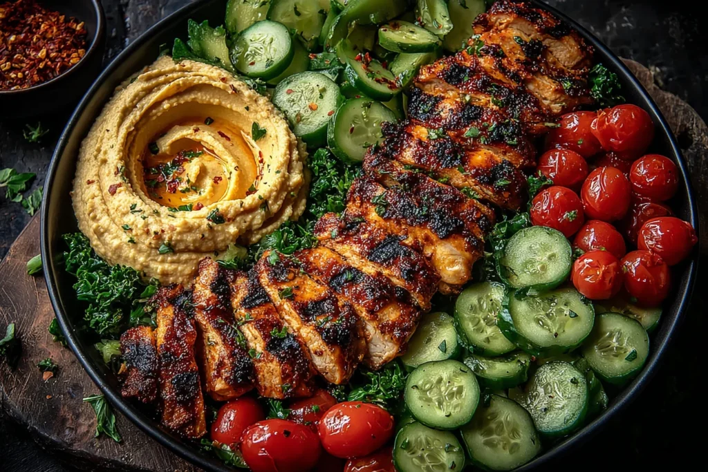 Lemon Chili Grilled Chicken Bowls with fresh cucumber salad and hummus plated with cherry tomatoes and greens