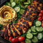 Lemon Chili Grilled Chicken Bowls with fresh cucumber salad and hummus plated with cherry tomatoes and greens