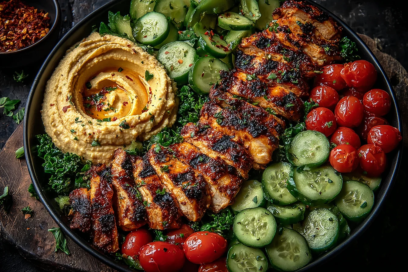 Lemon Chili Grilled Chicken Bowls with fresh cucumber salad and hummus plated with cherry tomatoes and greens