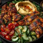 Lemon Chili Grilled Chicken Bowls with fresh cucumber salad and hummus, featuring charred chicken and vibrant veggies