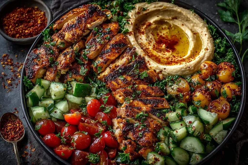 Close-up of Lemon Chili Grilled Chicken Bowls with fresh cucumber salad and hummus, topped with herbs and spices