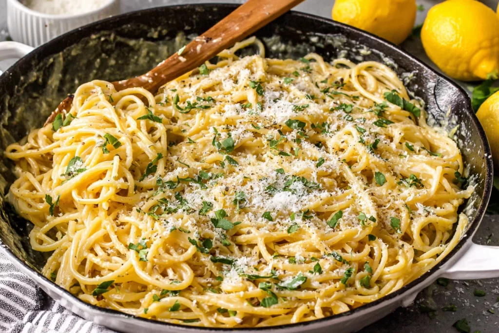 Lemon garlic sauce for pasta tossed with spaghetti, parmesan cheese, and parsley in a pan