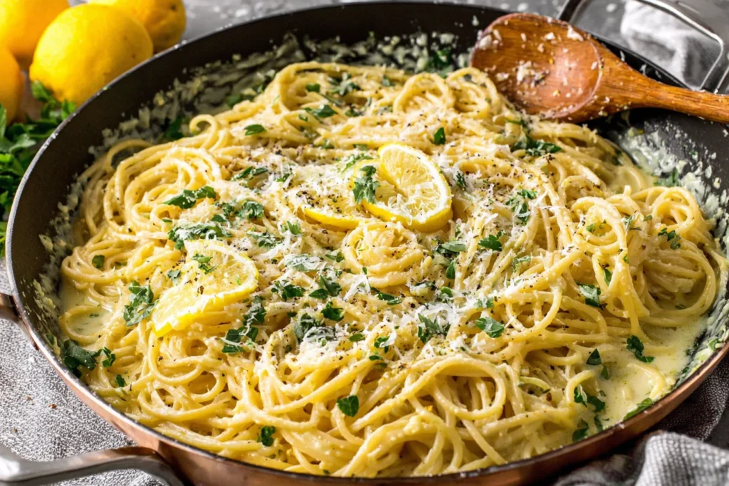 Creamy lemon garlic sauce for pasta with parmesan, fresh herbs, and lemon slices in a skillet
