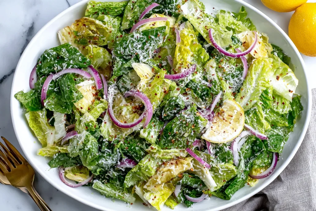 Lemon Parmesan Lettuce Salad tossed with lemon zest, parmesan, and red pepper flakes