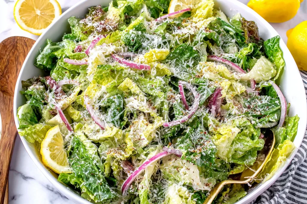 Lemon Parmesan Lettuce Salad with romaine, parmesan, red onion, and lemon dressing