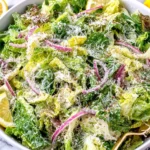 Lemon Parmesan Lettuce Salad with romaine, parmesan, red onion, and lemon dressing