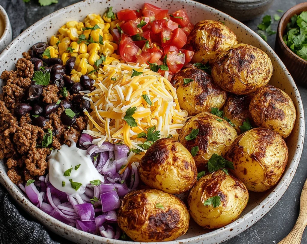 Loaded Fiesta Potato Bowls with roasted potatoes, ground beef, black beans, corn, and shredded cheese