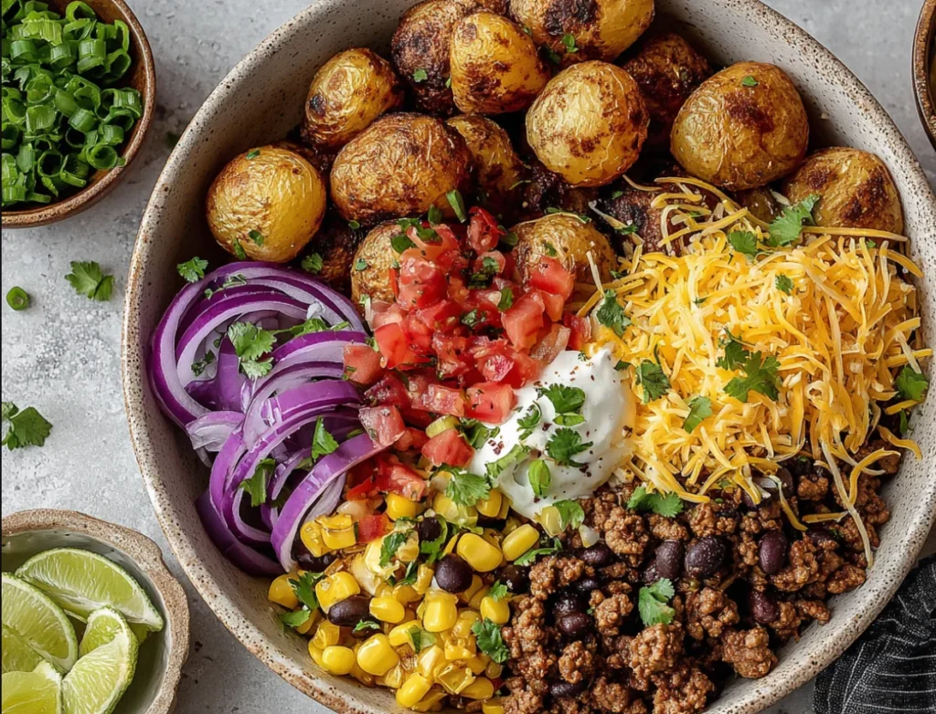 Loaded Fiesta Potato Bowls with crispy roasted potatoes, pico de gallo, cheese, sour cream, and fresh herbs