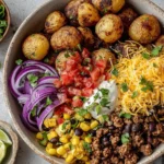 Loaded Fiesta Potato Bowls with crispy roasted potatoes, pico de gallo, cheese, sour cream, and fresh herbs