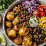 Loaded Fiesta Potato Bowls with roasted baby potatoes, seasoned beef, black beans, corn, cheese, and fresh toppings
