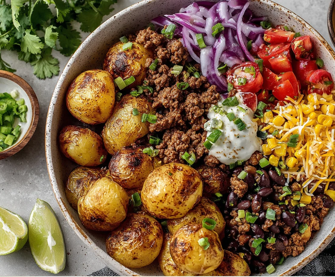 Loaded Fiesta Potato Bowls with roasted baby potatoes, seasoned beef, black beans, corn, cheese, and fresh toppings