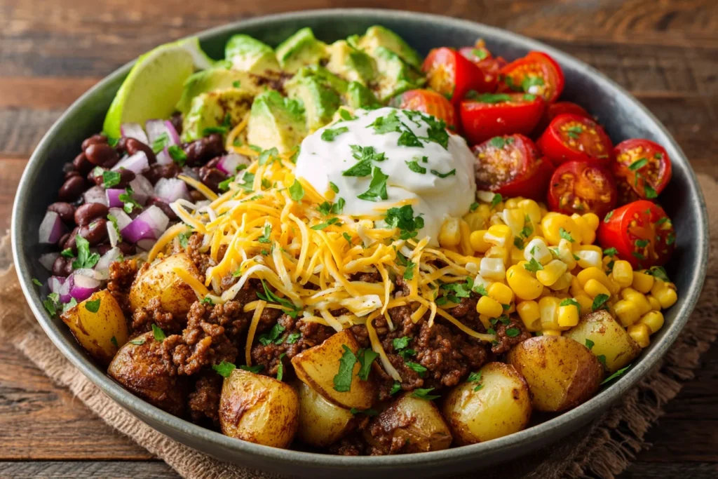 Loaded Potato Taco Bowl Recipe topped with black beans, corn, cherry tomatoes, avocado, cheese, and sour cream