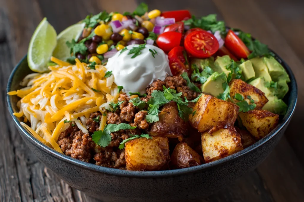 Loaded Potato Taco Bowl Recipe with seasoned ground beef, roasted potatoes, shredded cheese, sour cream, and fresh cilantro