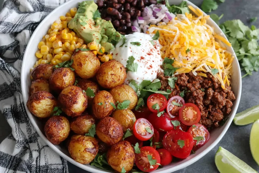 Loaded Potato Taco Bowl Recipe with crispy roasted baby potatoes, seasoned beef, corn, avocado, cheese, and sour cream