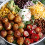 Loaded Potato Taco Bowl Recipe with crispy roasted baby potatoes, seasoned beef, corn, avocado, cheese, and sour cream