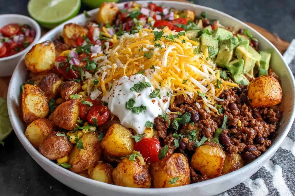 Loaded Potato Taco Bowl with crispy potatoes, chili beef, corn and melted cheese