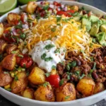 Loaded Potato Taco Bowl with crispy potatoes, chili beef, corn and melted cheese
