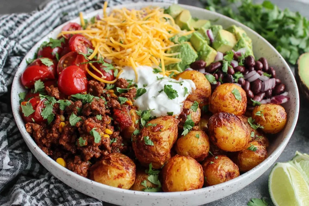 Loaded Potato Taco Bowl with roasted baby potatoes, avocado, black beans and sour cream