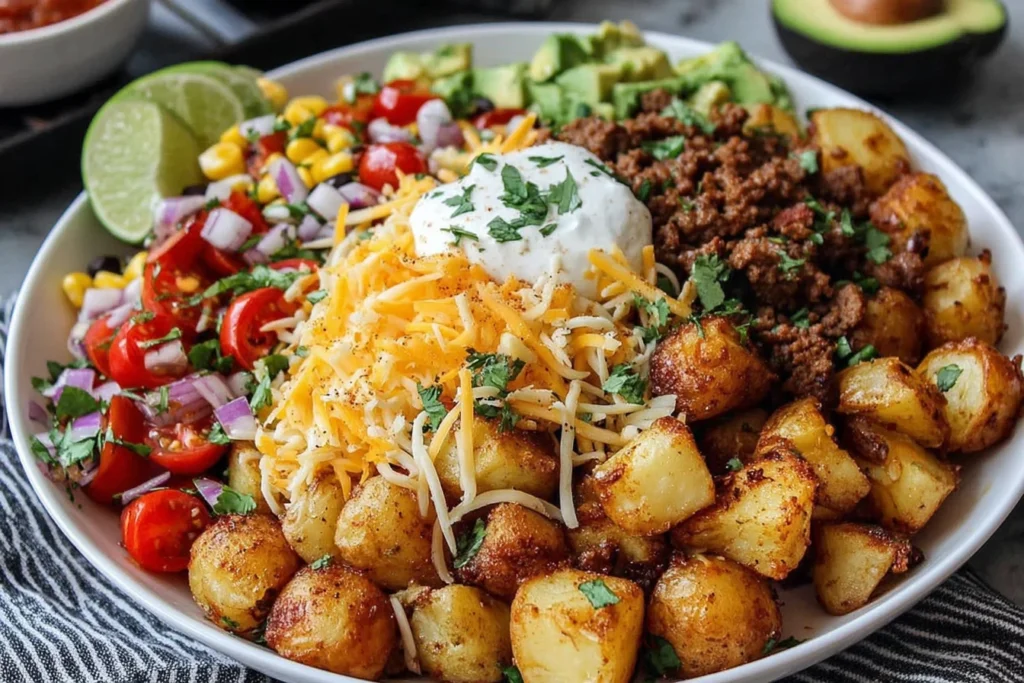 Loaded Potato Taco Bowl with crispy potatoes, ground beef, cheese and fresh toppings
