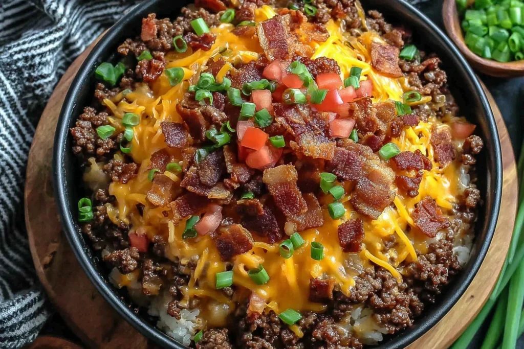 Low-Carb Bacon Cheeseburger Casserole with ground beef, melted cheese, bacon crumbles, and fresh toppings