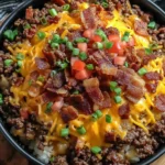 Low-Carb Bacon Cheeseburger Casserole with ground beef, melted cheese, bacon crumbles, and fresh toppings