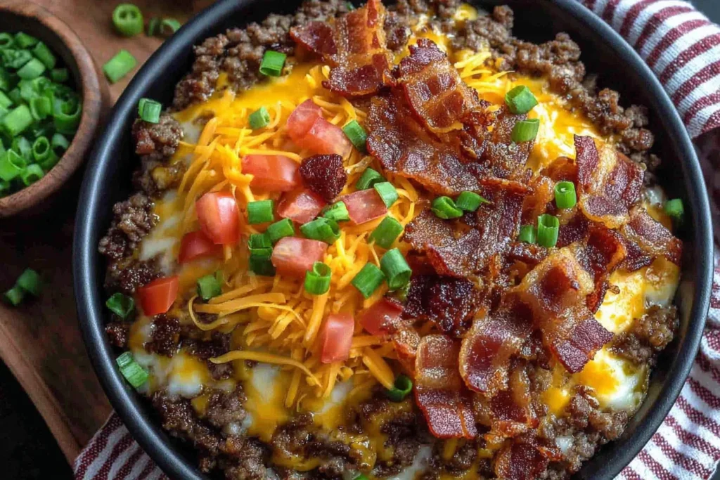 Low-Carb Bacon Cheeseburger Casserole topped with crispy bacon, melted cheese, and fresh green onions