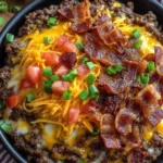 Low-Carb Bacon Cheeseburger Casserole topped with crispy bacon, melted cheese, and fresh green onions