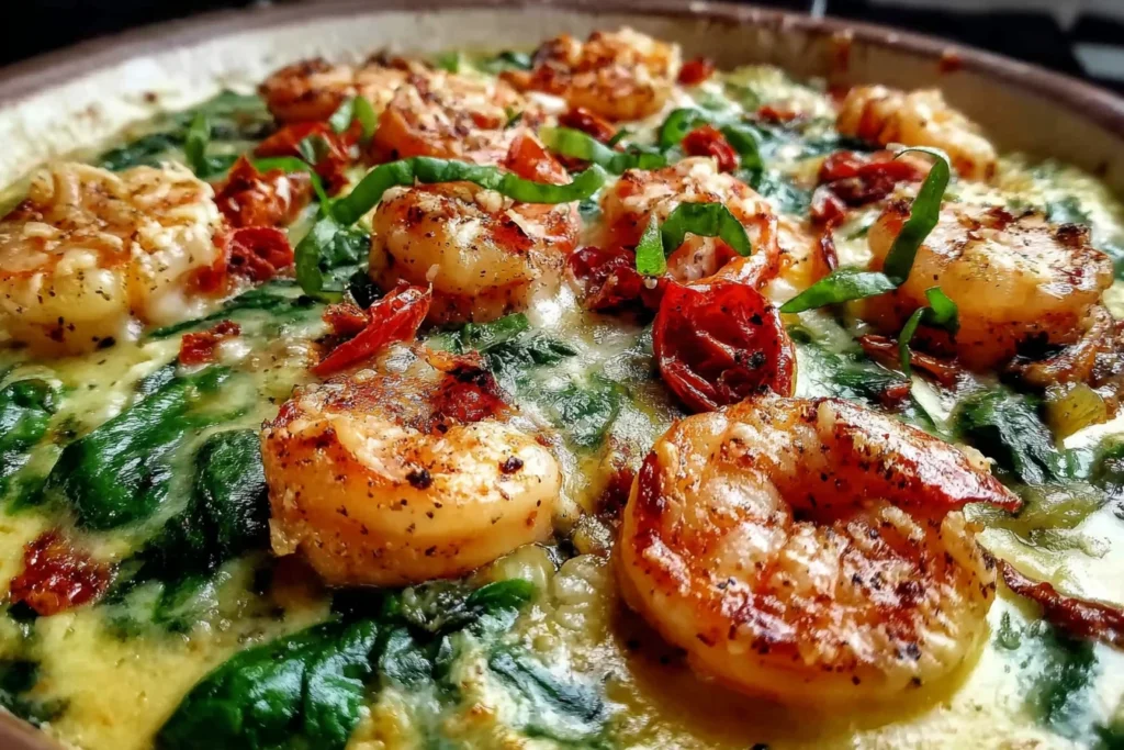 Low-Carb Shrimp Tuscan Bake with cherry tomatoes, spinach, and creamy cheese topping
