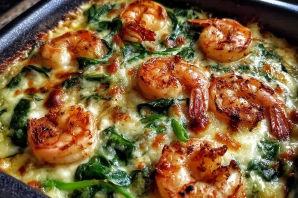 Low-Carb Shrimp Tuscan Bake with creamy sauce, spinach, and golden melted cheese
