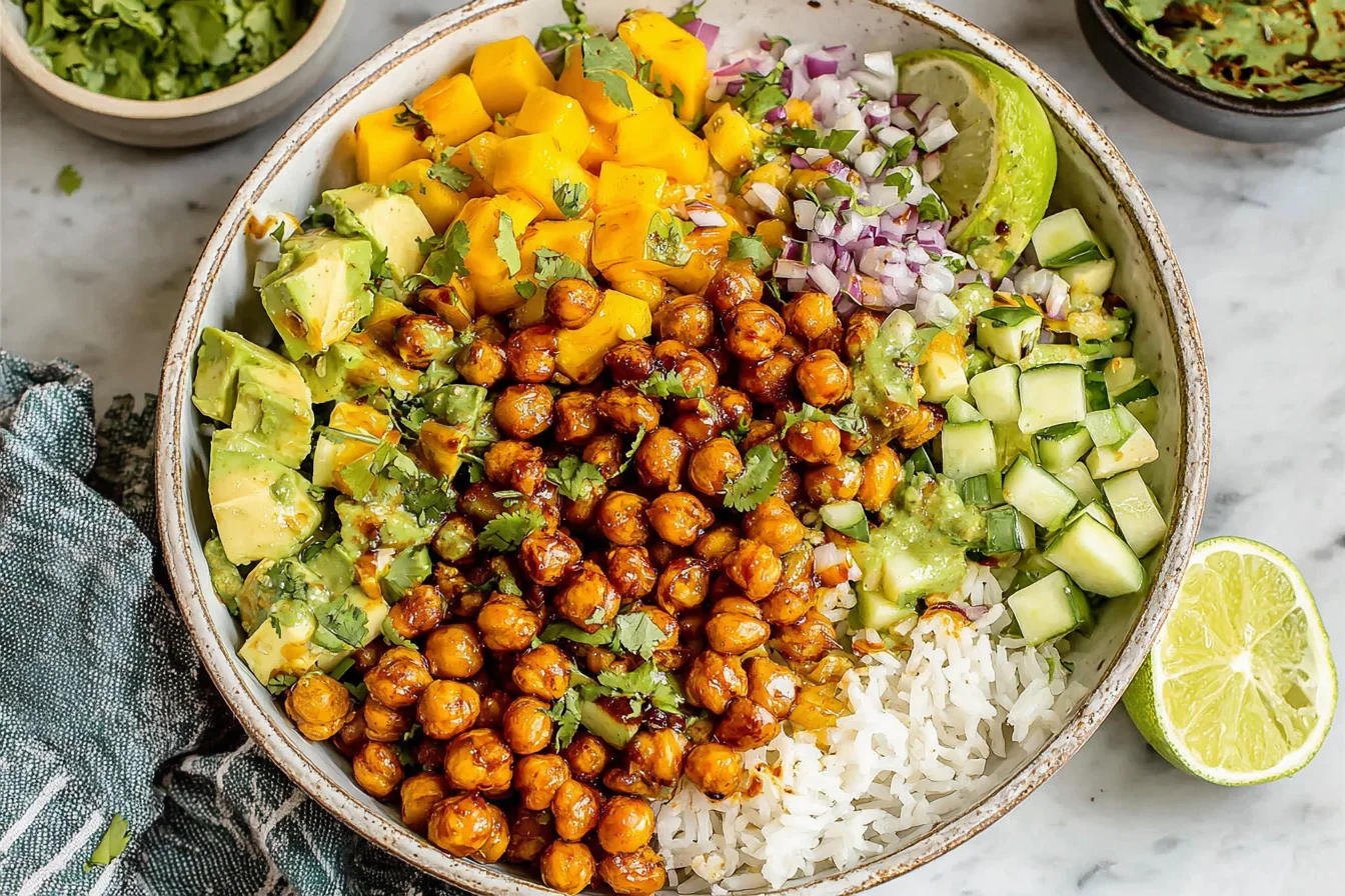 Mango Chickpea Salad bowl with roasted chickpeas, avocado, rice, and fresh mango
