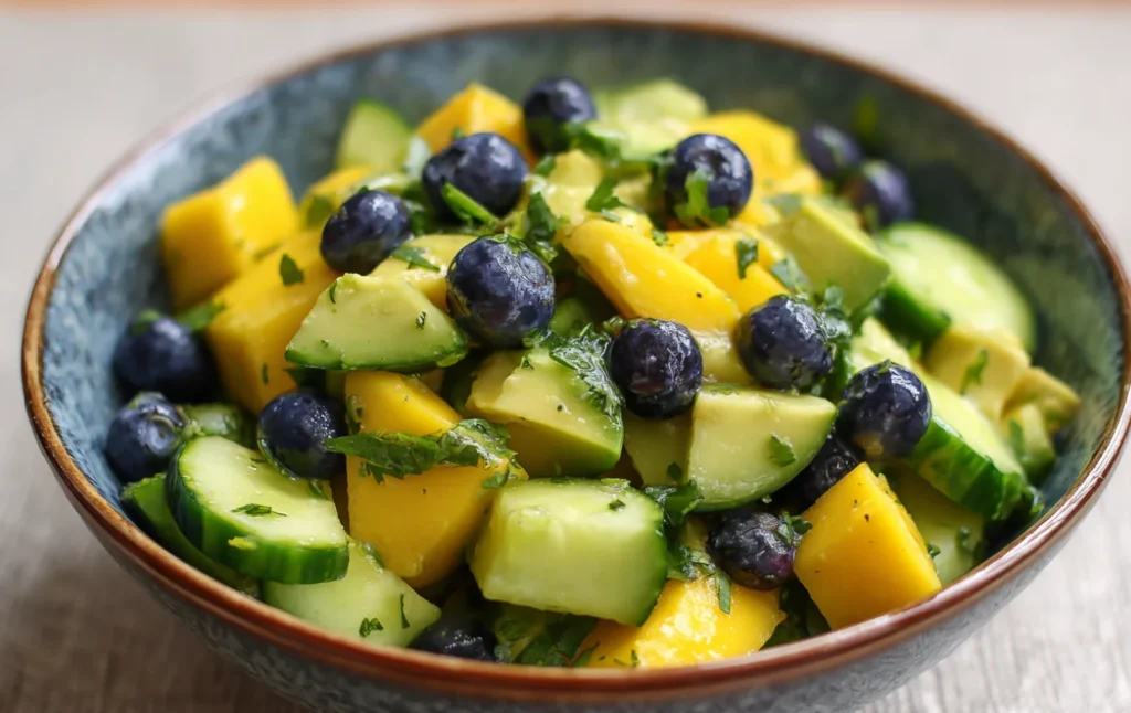 Mango cucumber salad with avocado and blueberries in a bowl