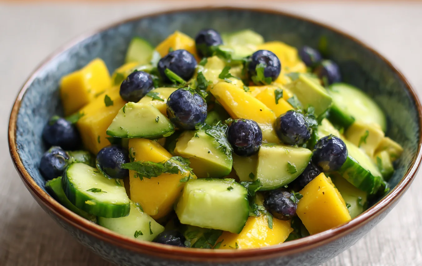 Mango cucumber salad with avocado and blueberries in a bowl