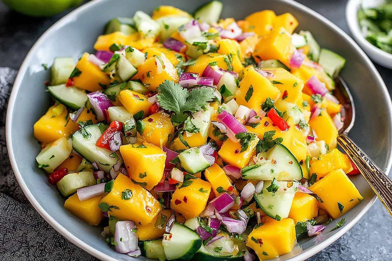 Colorful Mango Salad with cucumber, cilantro, and chili flakes for a fresh summer dish
