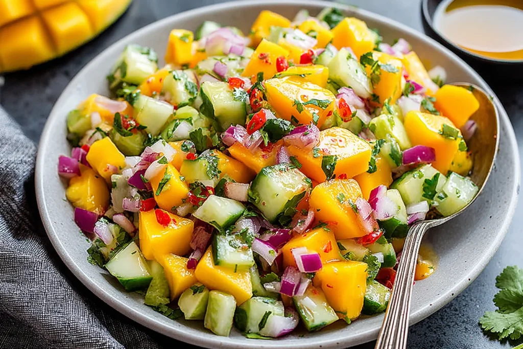 Mango Salad with cucumber, red onion, and cilantro in a fresh lime dressing