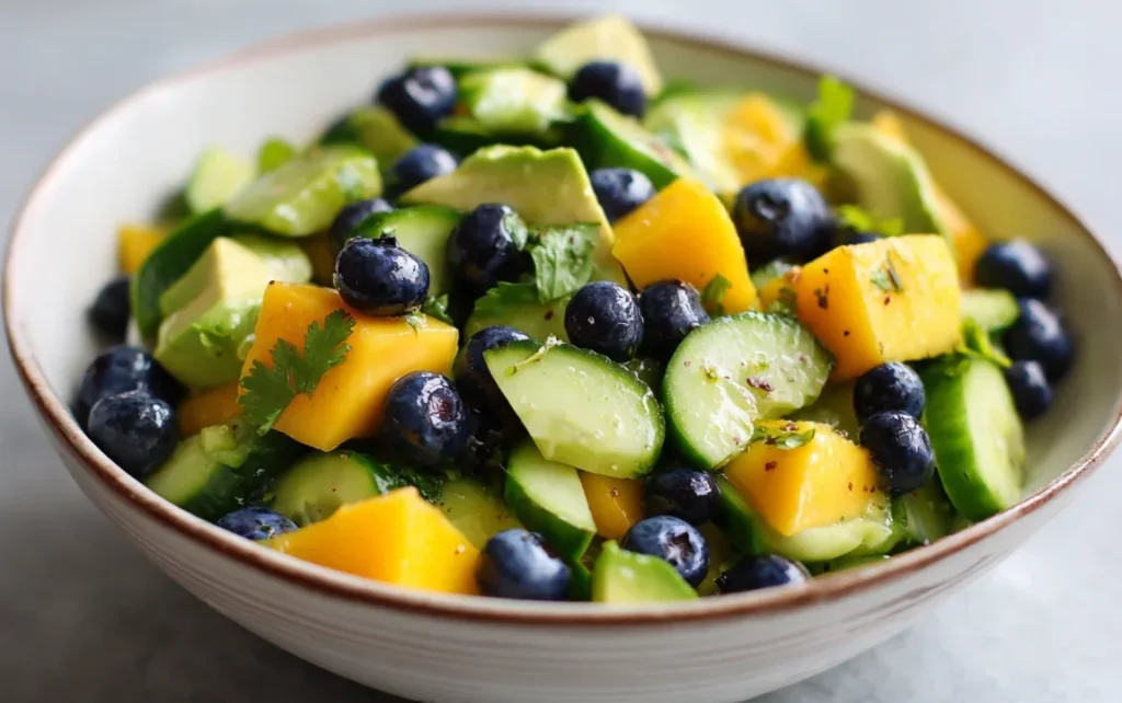 Mango Cucumber Salad with avocado and blueberries in a fresh bowl