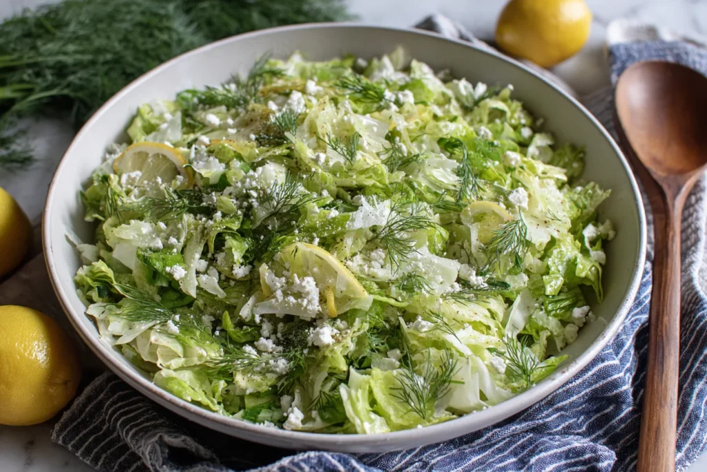 Maroulosalata (Greek Lettuce Salad) topped with feta, dill, and lemon slices