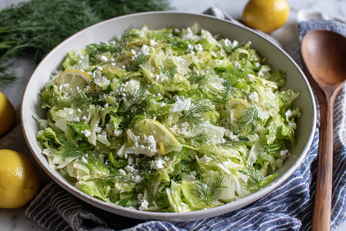 Maroulosalata (Greek Lettuce Salad) topped with feta, dill, and lemon slices