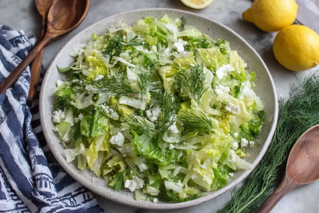 Maroulosalata (Greek Lettuce Salad) with feta, dill, and lemon dressing in a bowl