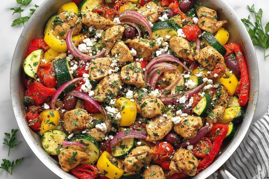 Mediterranean Chicken Stir Fry Recipe topped with feta, olives, and roasted vegetables